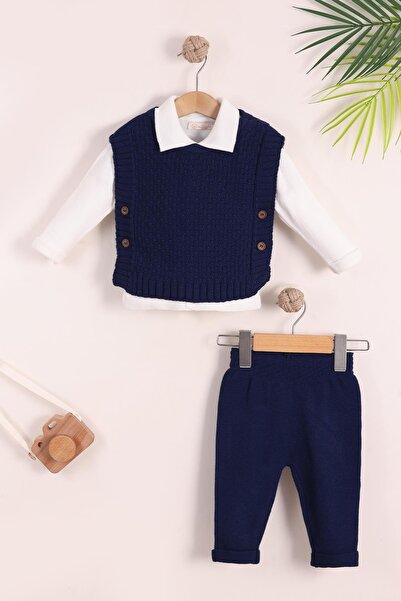 kidello Navy Blue Baby Boy Knitwear 3-Piece Set – Vest Set , with Pants, Long Sleeves