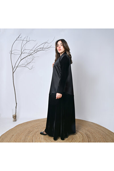 HAWRAA ABAYA عباية مخمل وساتان فاخرة بتصميم عصري – أناقة راقية للمناسبات