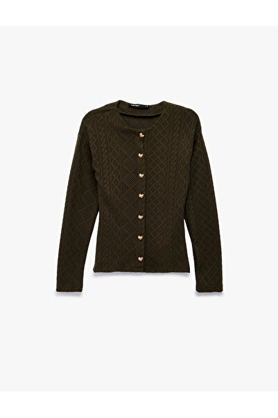 Koton Slim Fit Long Sleeve Crew Neck Heart Button Detail Hair Knit Cardigan