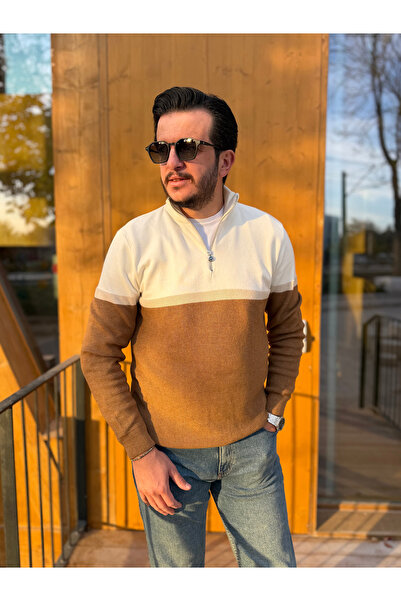 Avni Ceylan Color Block Half Zipper Men's Knitwear Sweater