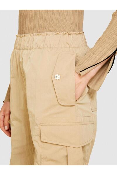 Sisley Elastic Waist Patch Pocket Drawstring Cuffs Trousers Women's Beige Pants - 324P4Jqjlf04R