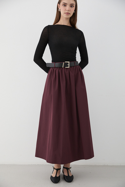 JASTE Γυναικεία Μάξι Φούστα με Ζώνη Μελιτζάνα λεπτομέρεια με σούρες