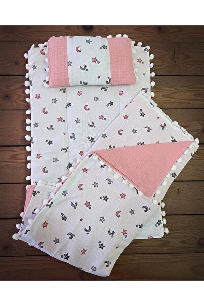 voyyo kids baby 3-Piece Bottom Opening Mat Set with Blanket and Pillow, Muslin Patterned Bottom Opening