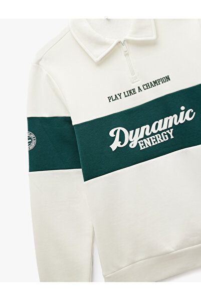 Koton Φούτερ με λαιμόκοψη πόλο με μισό φερμουάρ Regular Fit αντίθεση χρωμάτων με τύπωμα επένδυση fleece