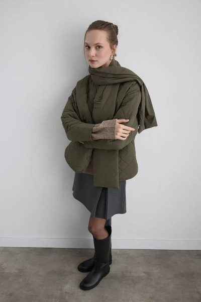 Gusto Quilted Coat with Scarf - Khaki