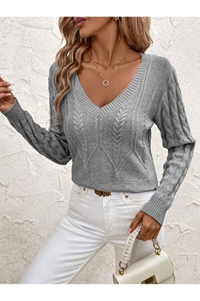 hanope Women's Hair Braided V-Neck Light Gray Knitwear Sweater
