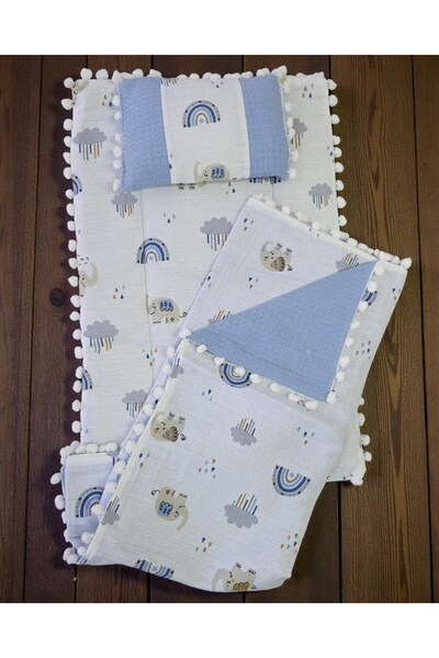 voyyo kids baby 3-Piece Bottom Opening Mat Set with Blanket and Pillow, Muslin Patterned Bottom Opening