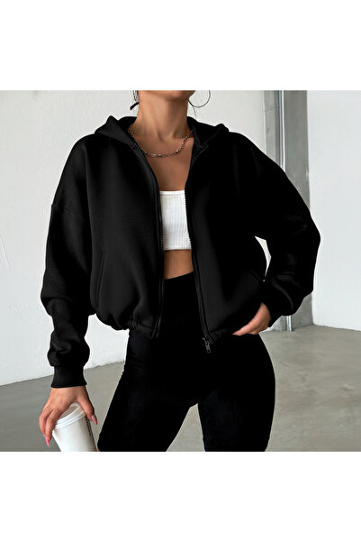 BRZ COLLECTION Hanorac crop pentru femei, cu supradimensionat fermoare, basic negru