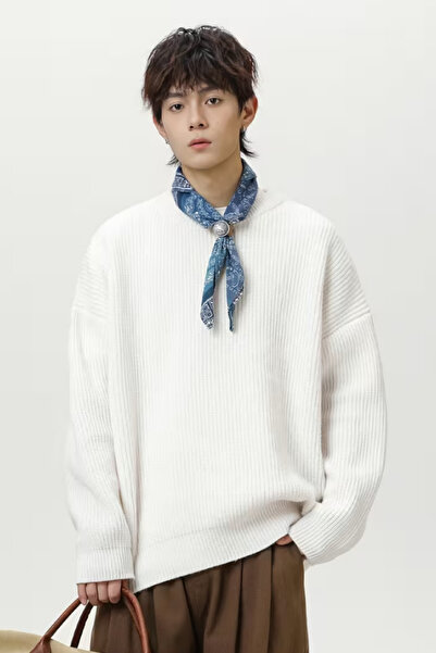 Tarz Cool Men's White Regular Crew Neck Knit Sweater