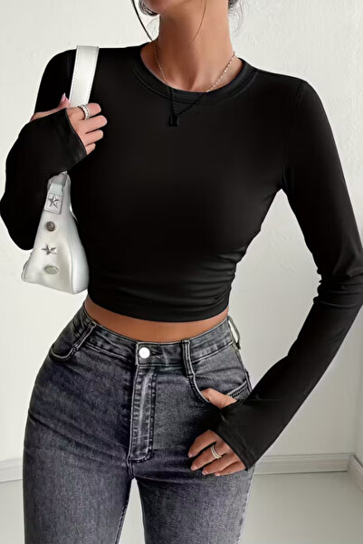 Tarz Cool Women's Black Crew Neck Fit Finger Insert Detail Long Sleeve T-Shirt