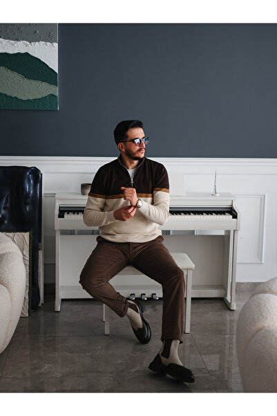 Avni Ceylan Color Block Half Zipper Men's Knitwear Sweater