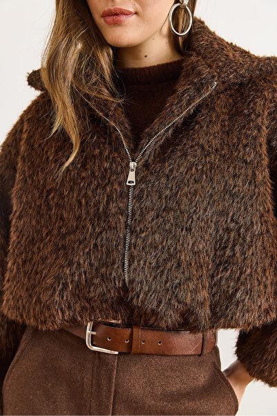 Olalook Women's Bitter Brown Lined Faux Fur Coat with Zipper Pockets Kbn-19000025