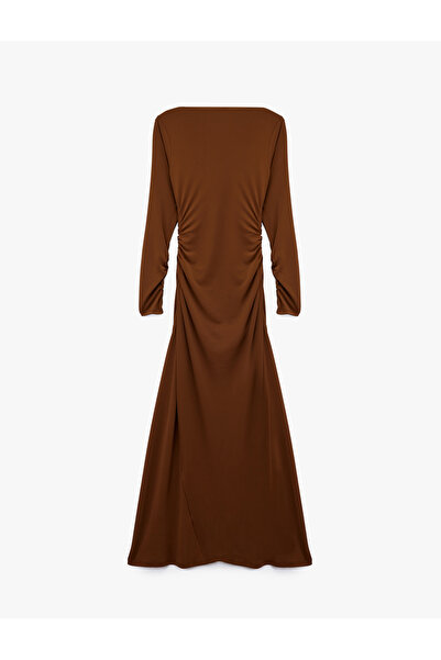 Koton Slim Fit Drape Detail Long Sleeve Boat Neck Long Dress