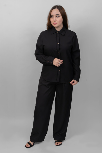 LINELLE Ladies Co-Ord Set – Soft Crepe Black Shirt with Floral Embroidery on Collar with Solid Black Pant