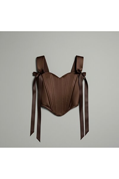 SARA Clothessy Kahverengi Saten Fransız korse büstiyer