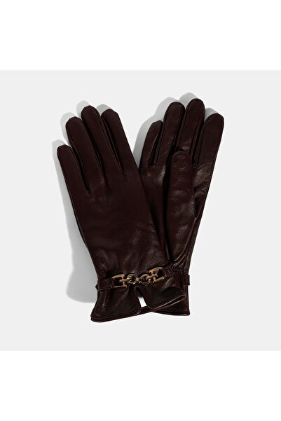Desa Women's Burgundy Leather Gloves with Chain Accessories