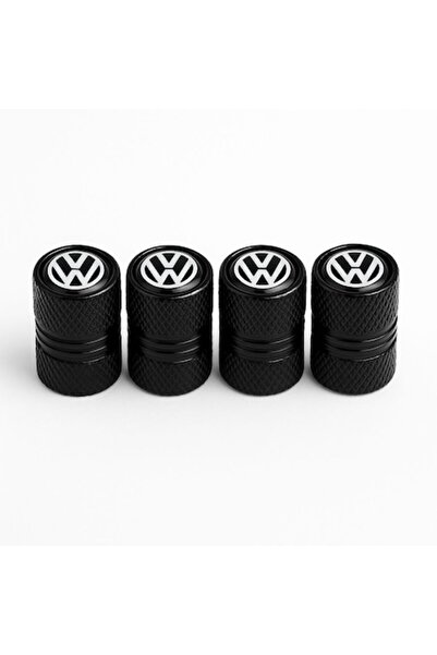 Volkswagen Set of 4 tire valve caps - black aluminum, silver logo, sport design