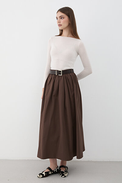 JASTE Women's Brown Belted Ruched Detail Maxi Skirt