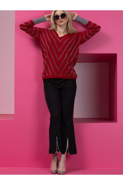 Clothes Fast V-Neck Striped Red Women's Sweater