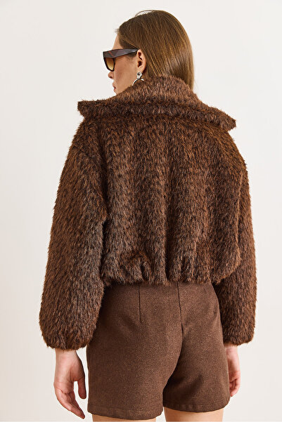 Olalook Women's Bitter Brown Lined Faux Fur Coat with Zipper Pockets Kbn-19000025