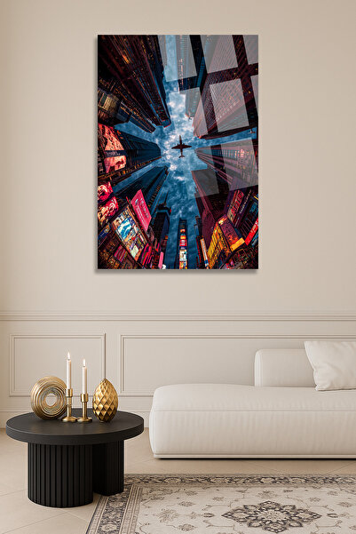 TAULART New York Glass Painting Times Square Lights and Airplane Silhouette Glass Painting – Modern Cityscape Painting