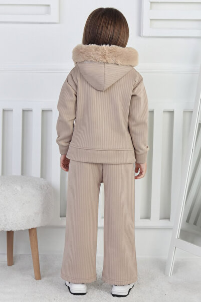 Yalçınoğlu Kids Girl's Warm Plush Collar Ribbed Fabric Set I Zippered Set I Warm and Soft Set