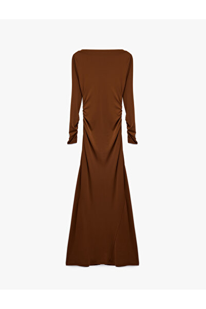 Koton Slim Fit Drape Detail Long Sleeve Boat Neck Long Dress