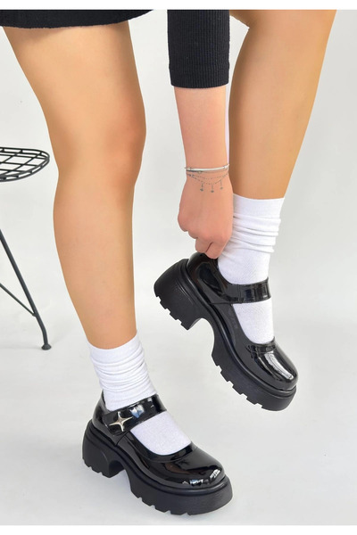 doremodam Sptrns Siyat Black Patent Leather Wedge Heel Oxford Shoes (104906) (Size: 37)