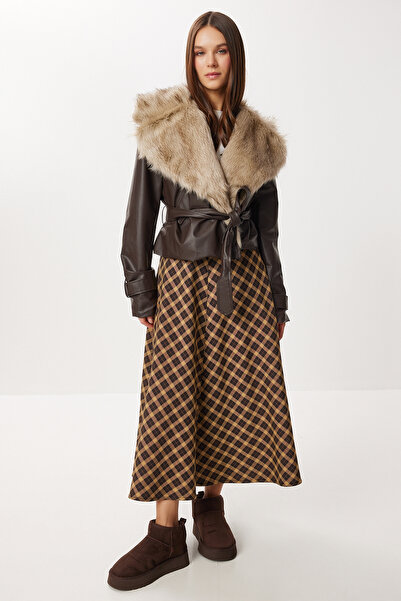 Lovelyİstanbul Faux Leather Jacket with Fur Collar and Belt Lfn0132 Brown