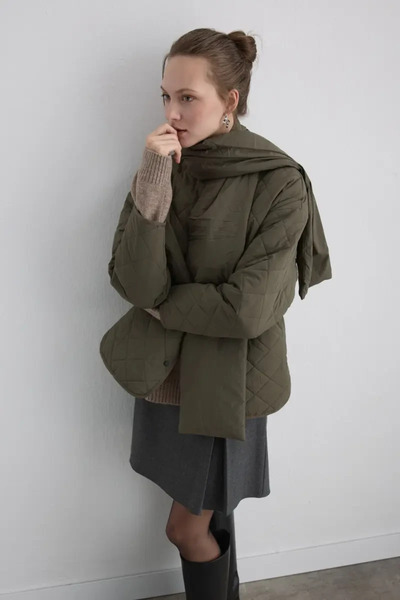 Gusto Quilted Coat with Scarf - Khaki
