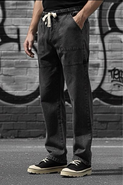 Oksit Square Pocket Elastic Waist Drawstring Straight Leg Relaxed Fit Men's Jeans