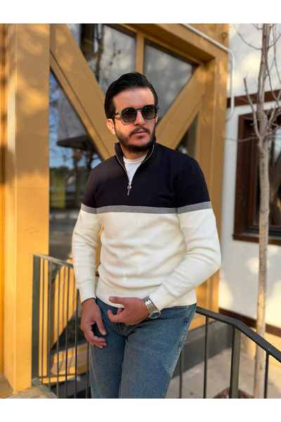 Avni Ceylan Color Block Half Zipper Men's Knitwear Sweater