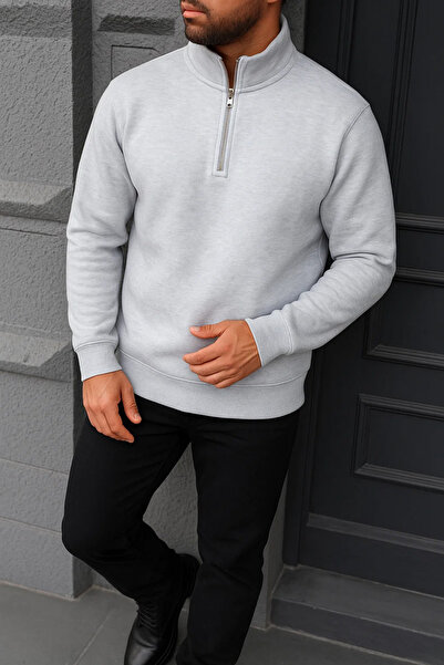 DAMGA JEANS Men's Winter Basic Gray Zippered Sweatshirt