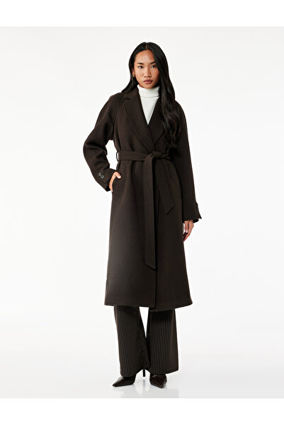 Koton Palton lung din catifea cu două rânduri de nasturi cu mâneci lungi și buzunare cu curea