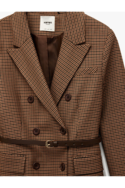 Koton Сако с колан, детайлни джобове с копчета, кръстосан яка, карирана сако
