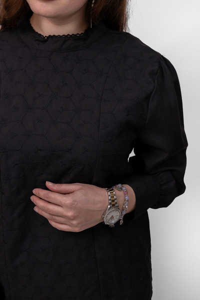 LINELLE Ladies Co-Ord Set – Soft Crepe Black Shirt with Floral Embroidery with Solid Black Pant