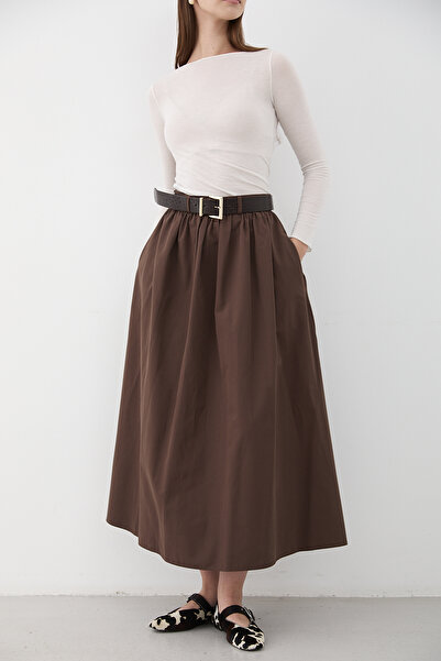 JASTE Women's Brown Belted Ruched Detail Maxi Skirt