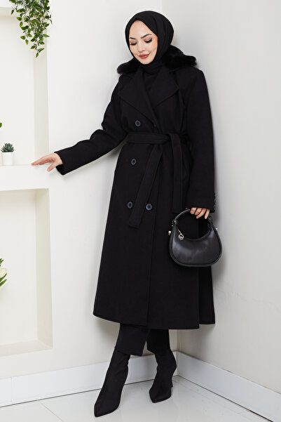 Pamuk Butik Women's Fur Detailed Double-Breasted Collar Belted Cashmere Coat