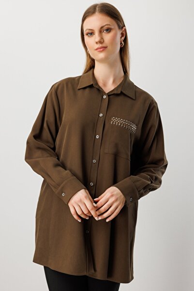 Ekol Women's Plus Size Pocket Stone Embroidered Shirt 3561 Khaki