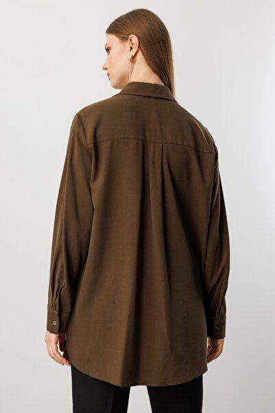 Ekol Women's Plus Size Pocket Stone Embroidered Shirt 3561 Khaki