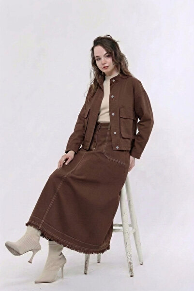 Atölye Güven Women's Brown Tasseled Gabardine Jacket Skirt Two-Piece Set