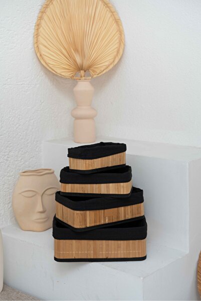 KaiHome 4-Piece Organizer Basket Set with Bamboo Stripes and Black Fabric – Multi-Purpose Organizer