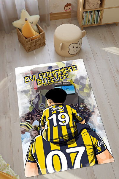 HalıOnline Sarı Lacivert Taraftar Dijital Baskılı Makinede Yıkanabilir Kaymaz Leke Tutmaz Çocuk Odası Halısı