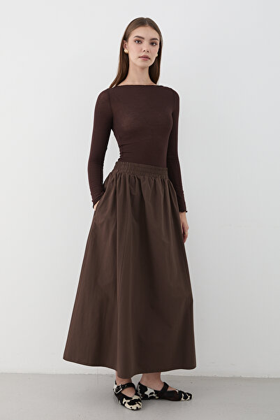 JASTE Women's Brown Gathered Waist Elastic Long Maxi Skirt