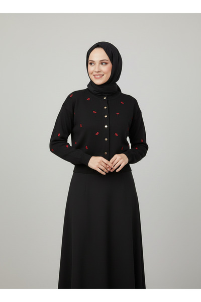 MİHRA STORE Karoria Bow Detail Metal Button Knitted Cardigan-Sy3221 Black