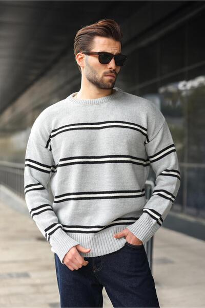 Madmext Gray Striped Knitwear Men's Sweater E7457