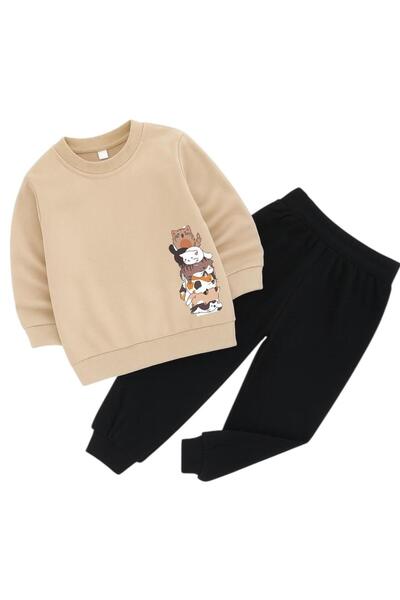 BENROMA KEDİLER ÜST ÜSTE BASKILI 3 İPLİK ÇOCUK EŞOFMAN TAKIMI