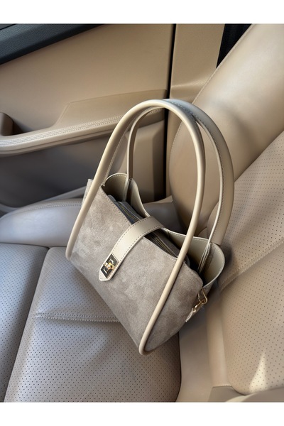 NOTHING Women's Suede Mink Lock Detailed Three-Compartment Detachable Makeup Bag Hand and Shoulder Bag Lemina