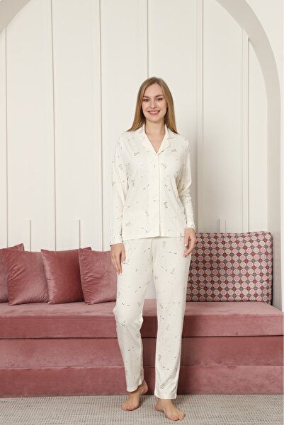Espuar Women's Buttoned Shirt Collar Patterned Combed Cotton Pajama Set