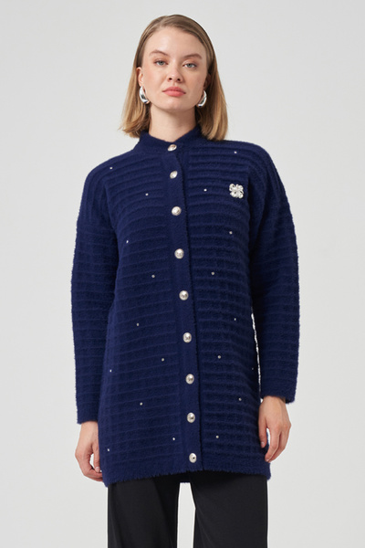 Nuss Stone and Brooch Detail Angora Cardigan 7010 Navy Blue